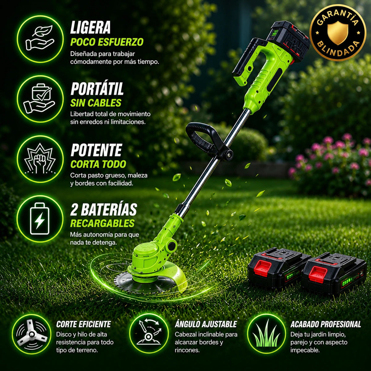 CORTADORA DE PASTO INALÁMBRICA POTENTE Y PROFESIONAL (2 BATERÍAS DE REGALO + ACCESORIOS🎁)